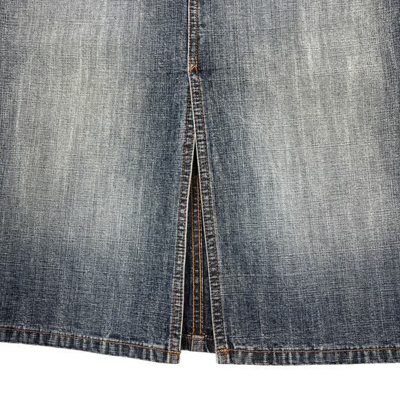 Express Y2K Low Rise Jean Skirt Size 5/6 Faded Denim Knee Length Bareback USA - Picture 6 of 9